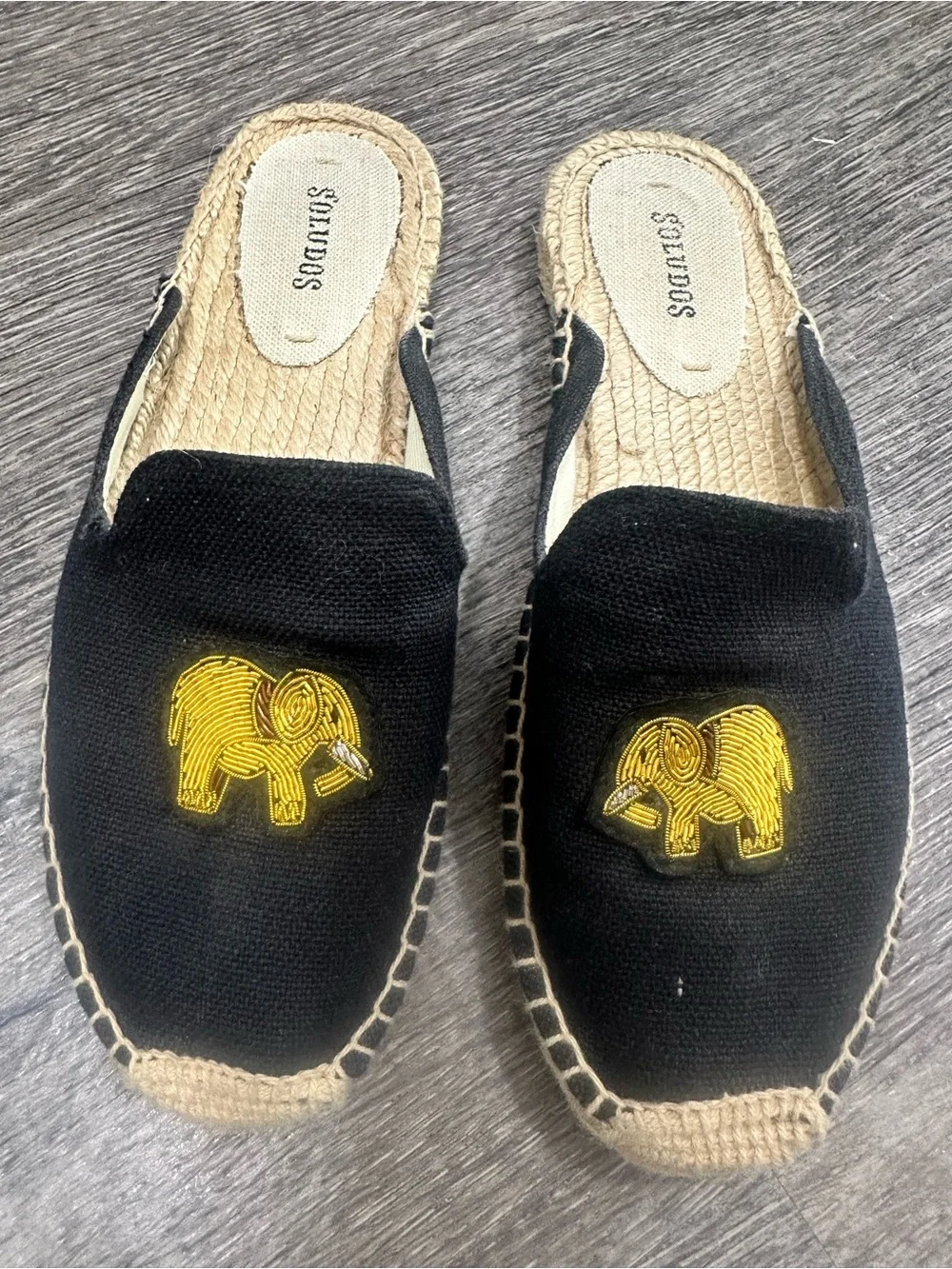 Soludos Black Espadrille Slip-Ons with Yellow Embroidery